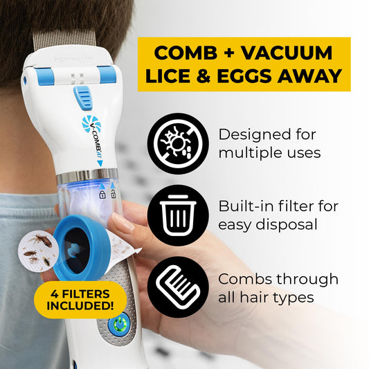 V-COMB A1 refill filters pack shown beside device for mess-free disposal.