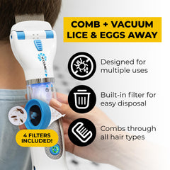 V-COMB A1 refill filters pack shown beside device for mess-free disposal.