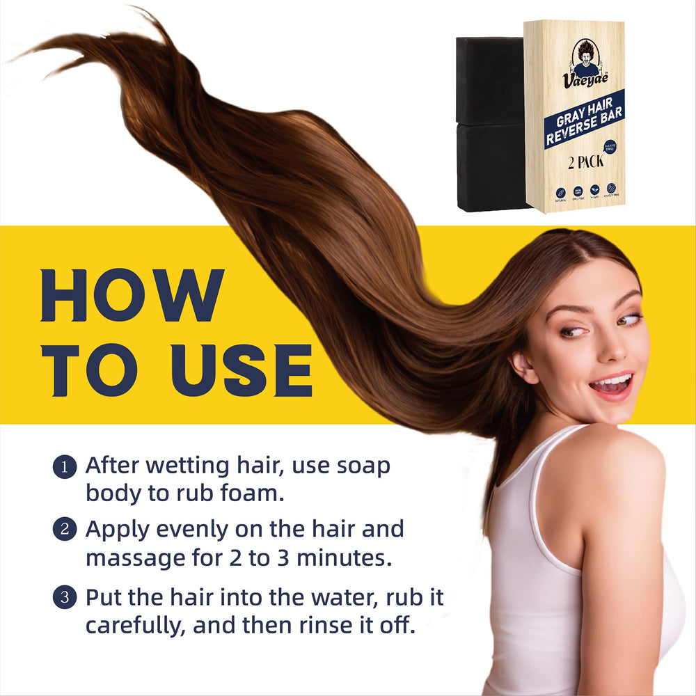 VAEYAE gray hair reverse bar ingredients collage highlights plant-based nutrients.