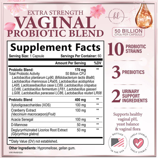 Close-up of 60 capsules for vaginal health