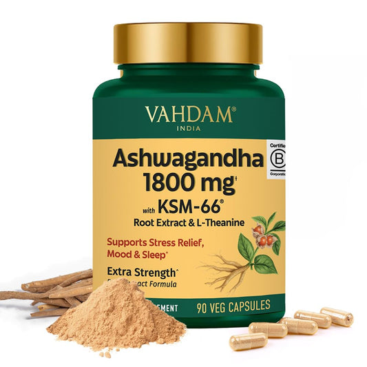 VAHDAM Ashwagandha 1800mg root extract bottle label