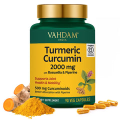 Hero image: VAHDAM Turmeric Curcumin 2000mg bottle with 90 capsules