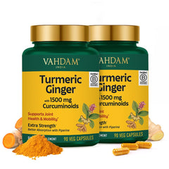 Front view of VAHDAM Turmeric Ginger 1900mg bottle