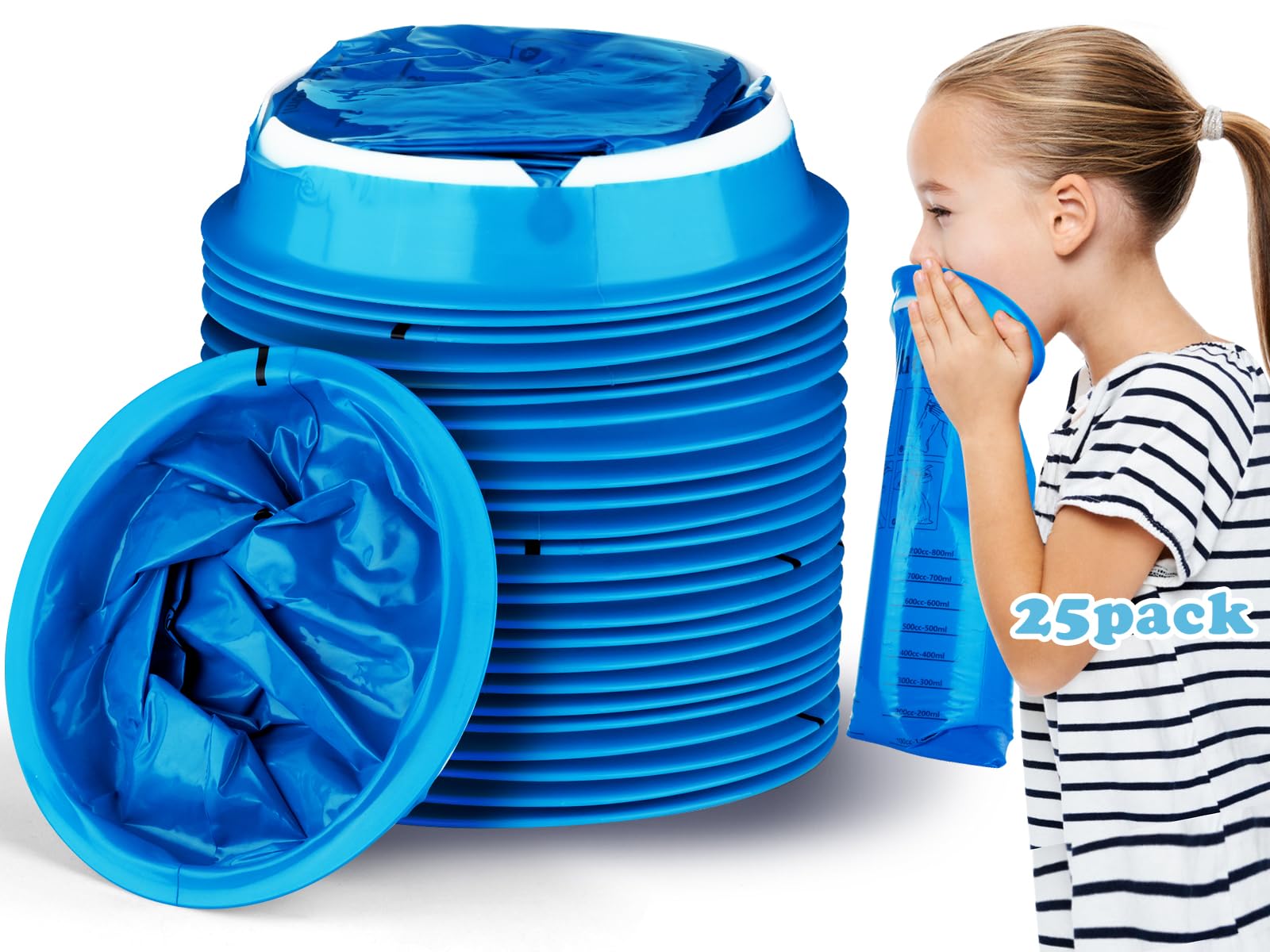 Valchoose 25-pack kids throw up bags blue pack front view for car trips.