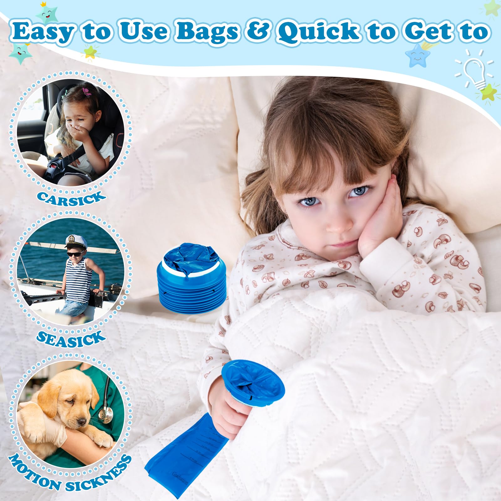 Valchoose 25-pack kids throw up bags blue pack side view, ready for on-the-go use.