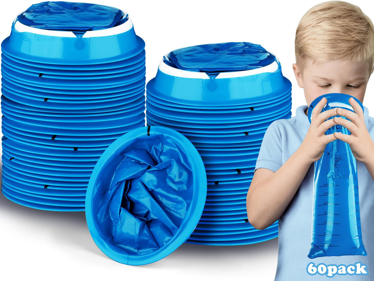 Valchoose kids barf bags in blue pack shown for mess-free travel and quick disposal.