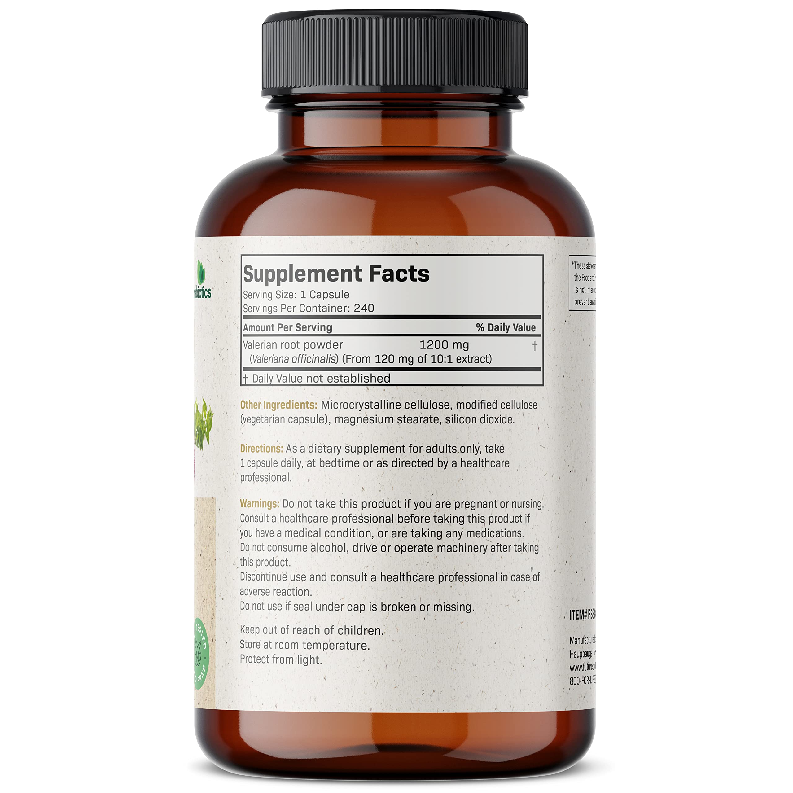 Label showing valerian ingredient and 1200 mg per capsule