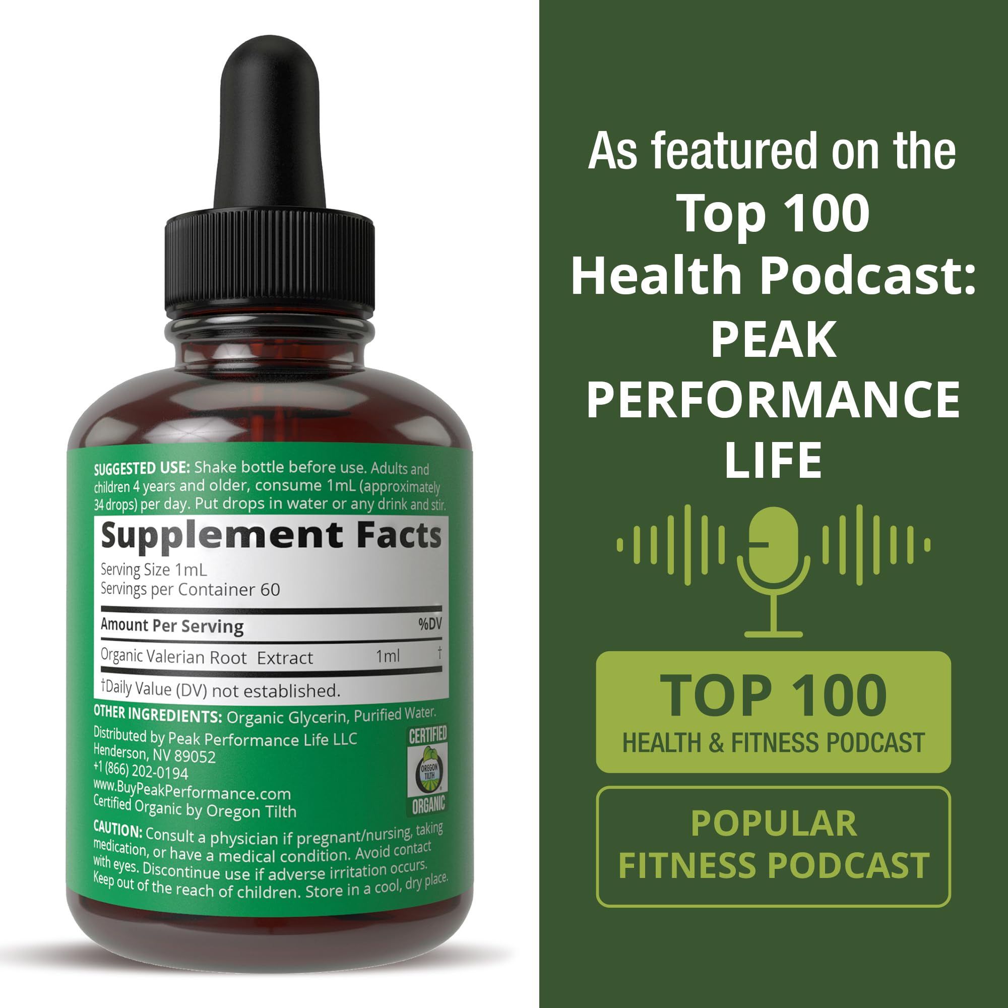 Packaging and product label of Peak Performance valerian root drops