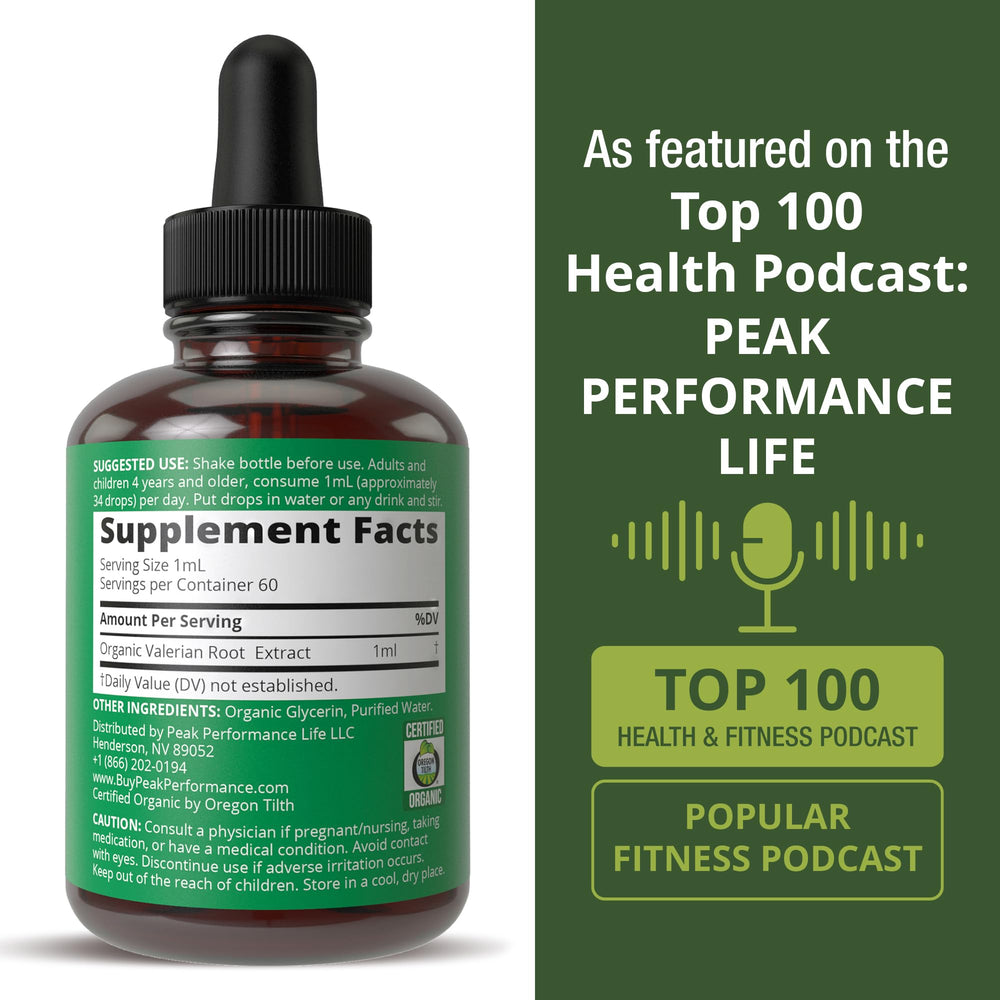 Packaging and product label of Peak Performance valerian root drops