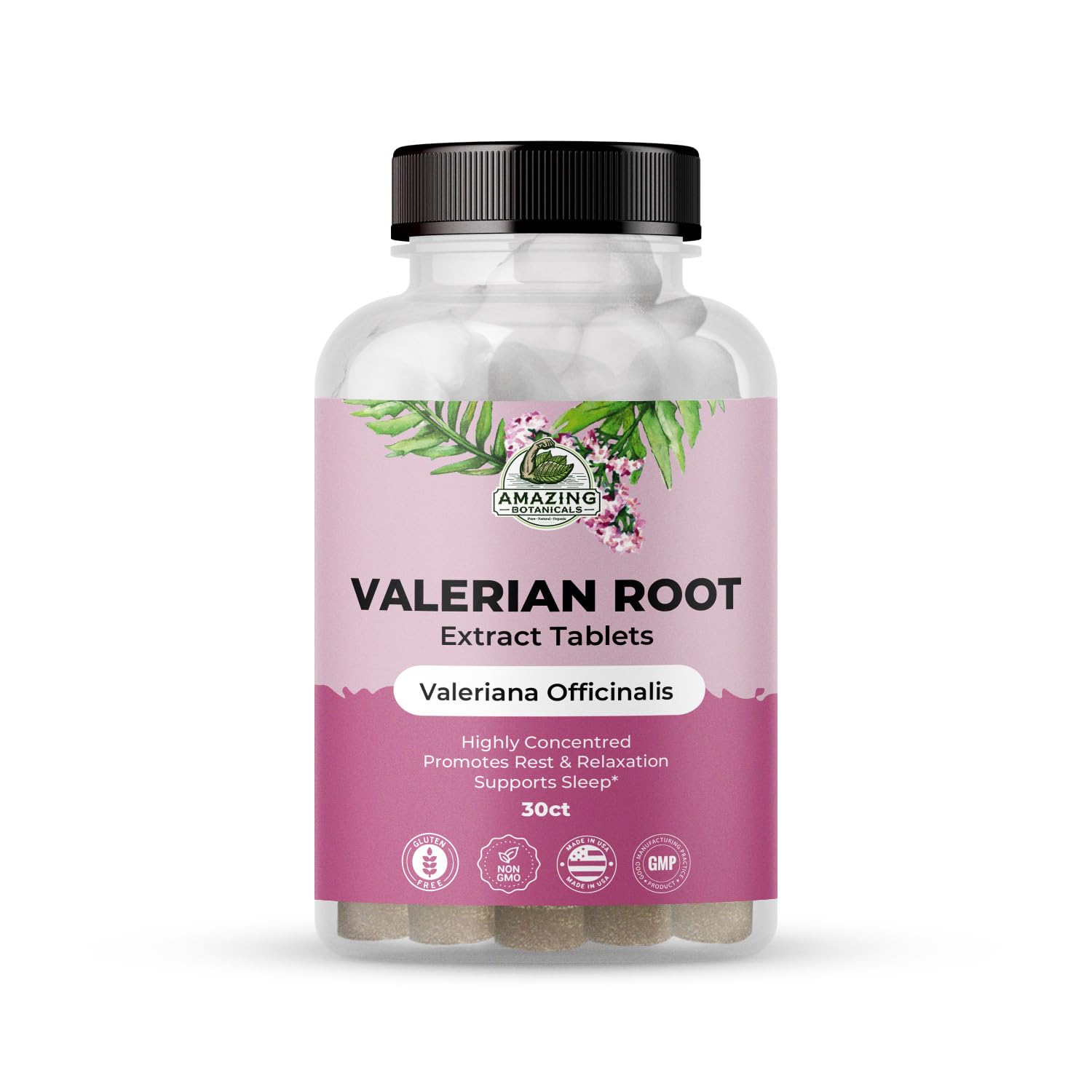 Bottle of Amazing Botanicals Valerian Root Tablets with label