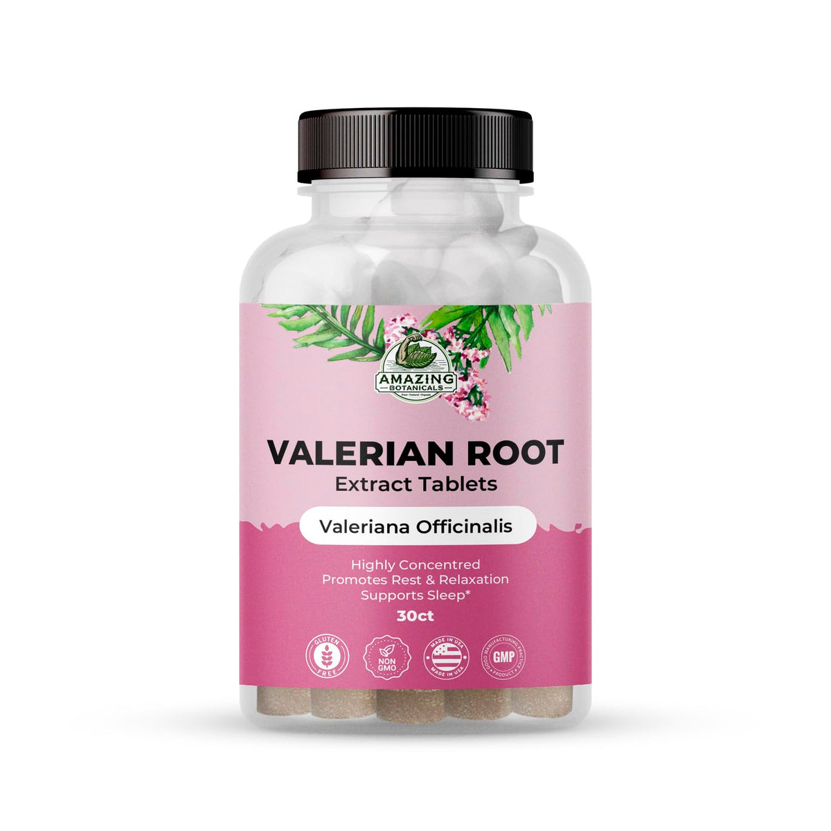 Bottle of Amazing Botanicals Valerian Root Tablets with label