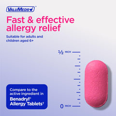 ValuMeds allergy medicine bottle close-up emphasizing quick-acting formula.