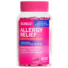 ValuMeds allergy medicine bottle front offering quick relief for seasonal symptoms.