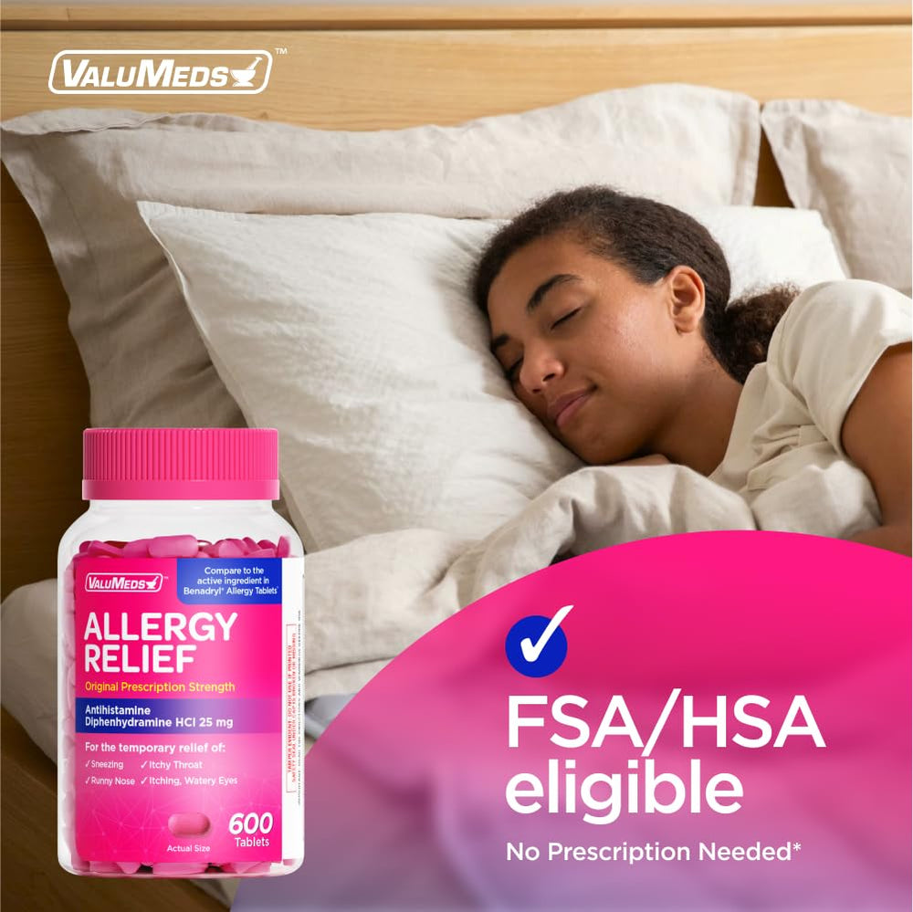 ValuMeds allergy medicine bottle with dosage reminder for nighttime relief.