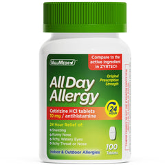ValuMeds Cetirizine HCl 10mg caplets bottle front shows reliable all-day allergy relief.