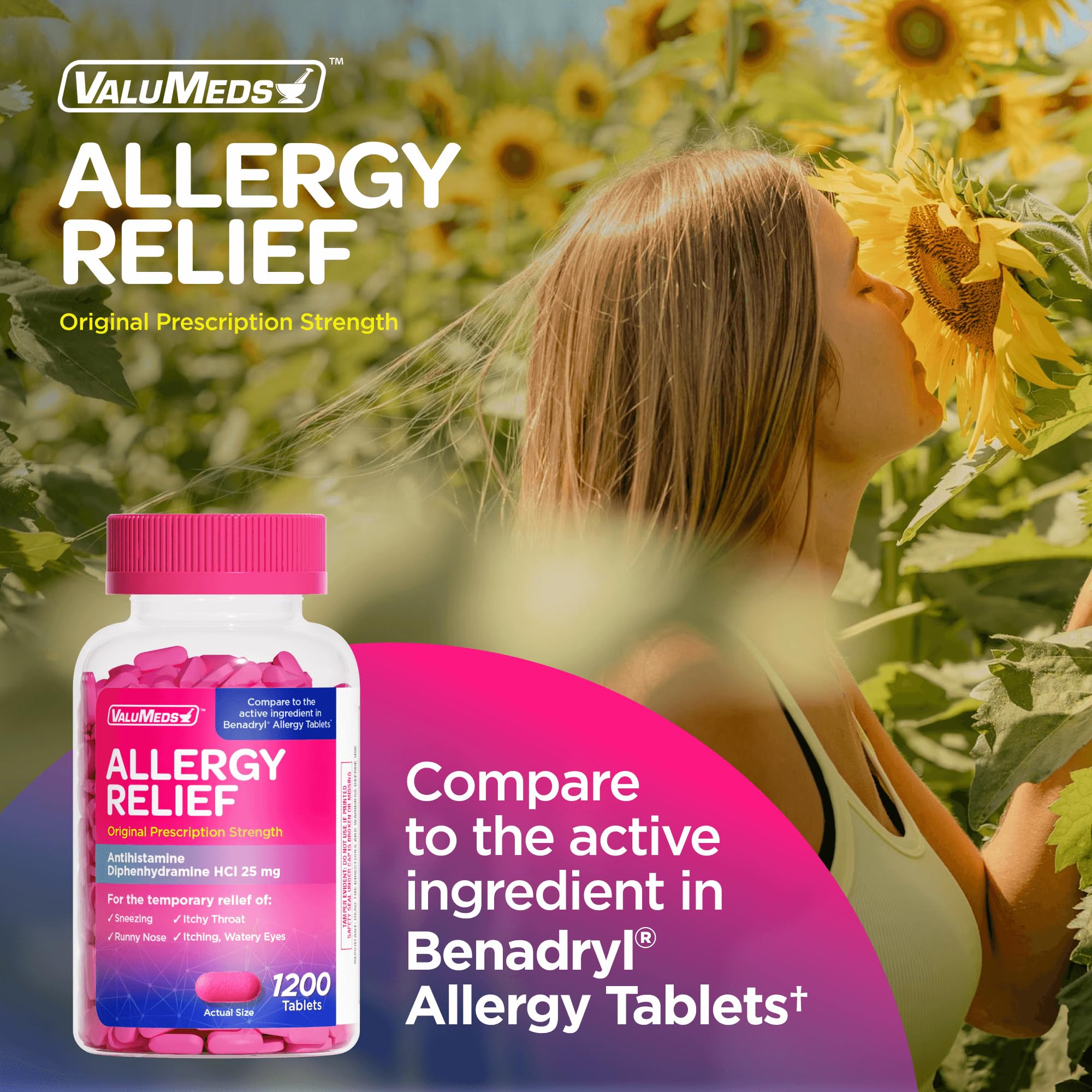 ValuMeds allergy bottle label close-up highlights 25 mg dosage.