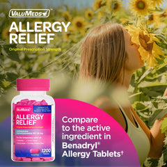 ValuMeds allergy bottle label close-up highlights 25 mg dosage.