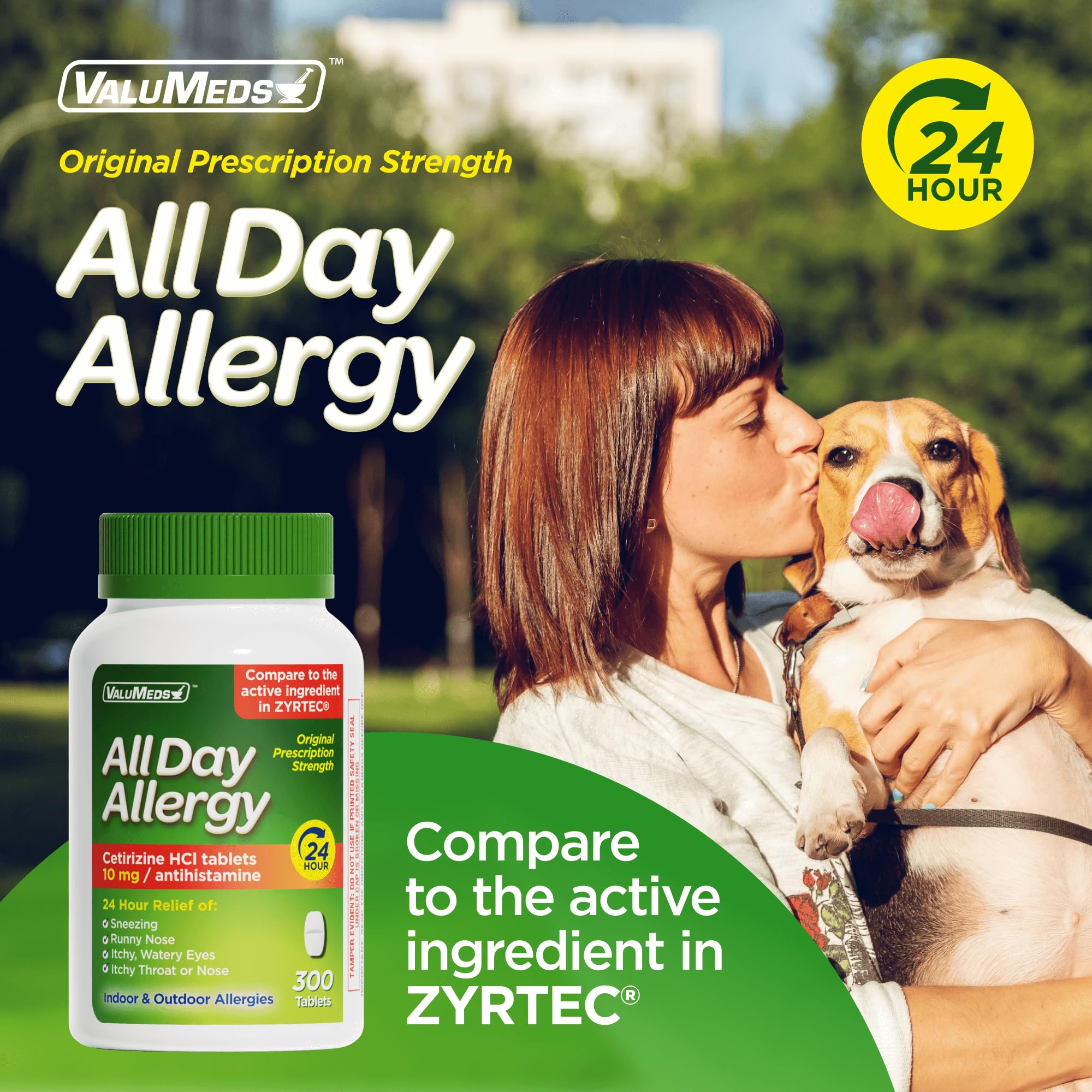 ValuMeds cetirizine HCl 10mg caplets close-up suggesting daily allergy control.