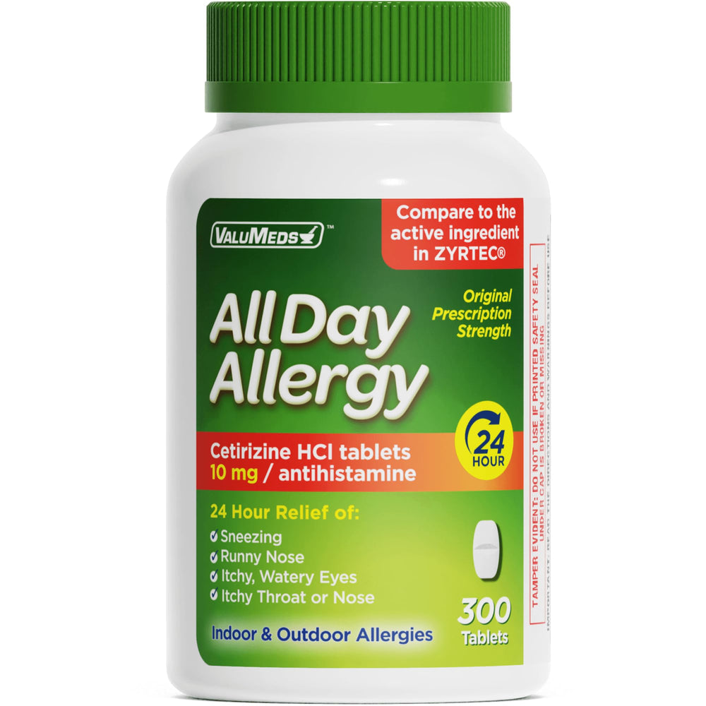 ValuMeds cetirizine HCl 10mg caplets packaging shows reliable allergy relief options.