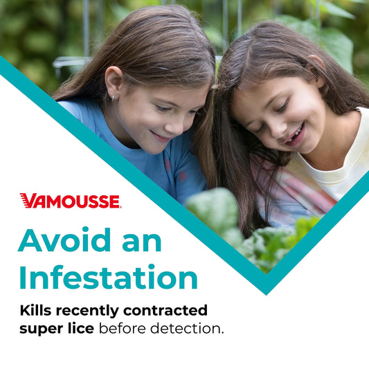 Vamousse Head Lice Defense label close-up shows paraben-, sulfate-, and dye-free formula.
