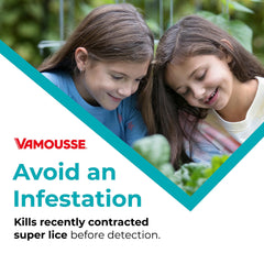 Vamousse Head Lice Defense label close-up shows paraben-, sulfate-, and dye-free formula.