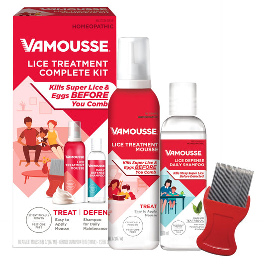 Vamousse Lice Emergency Kit packaging with all components for quick family use