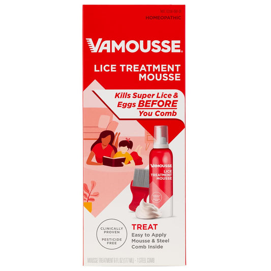 Vamousse Lice Treatment Mousse bottle demonstrates pesticide-free formula for lice removal