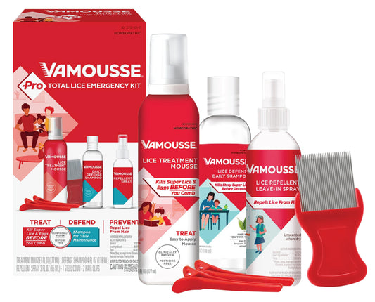 Vamousse PRO Lice Emergency Kit mousse bottle for quick, gentle lice treatment.