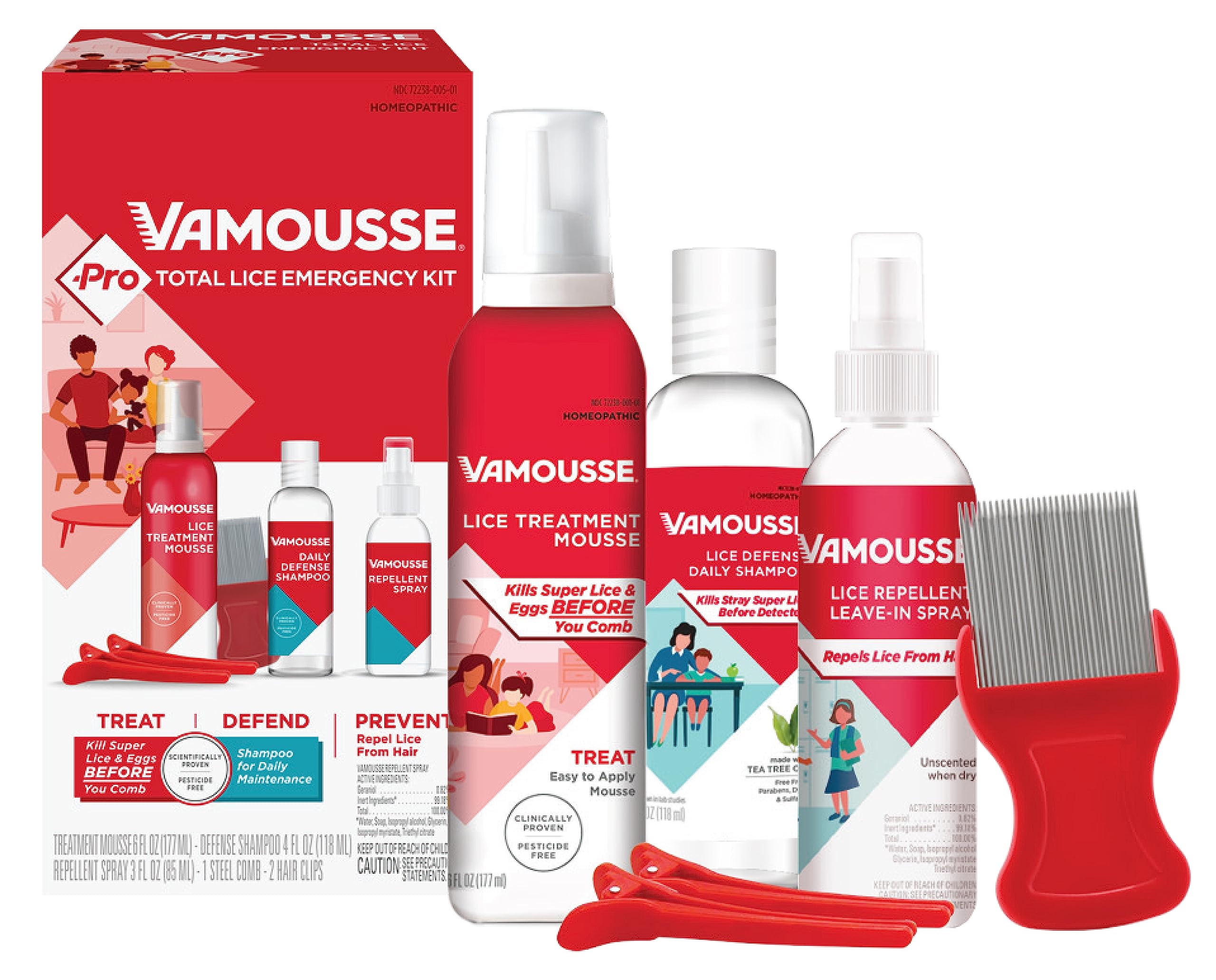 Vamousse PRO Lice Emergency Kit mousse bottle for quick, gentle lice treatment.