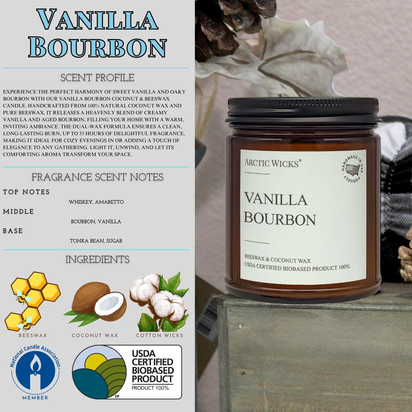 Close-up of the Vanilla Bourbon candle label with Arctic Wicks branding