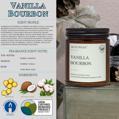 Close-up of the Vanilla Bourbon candle label with Arctic Wicks branding