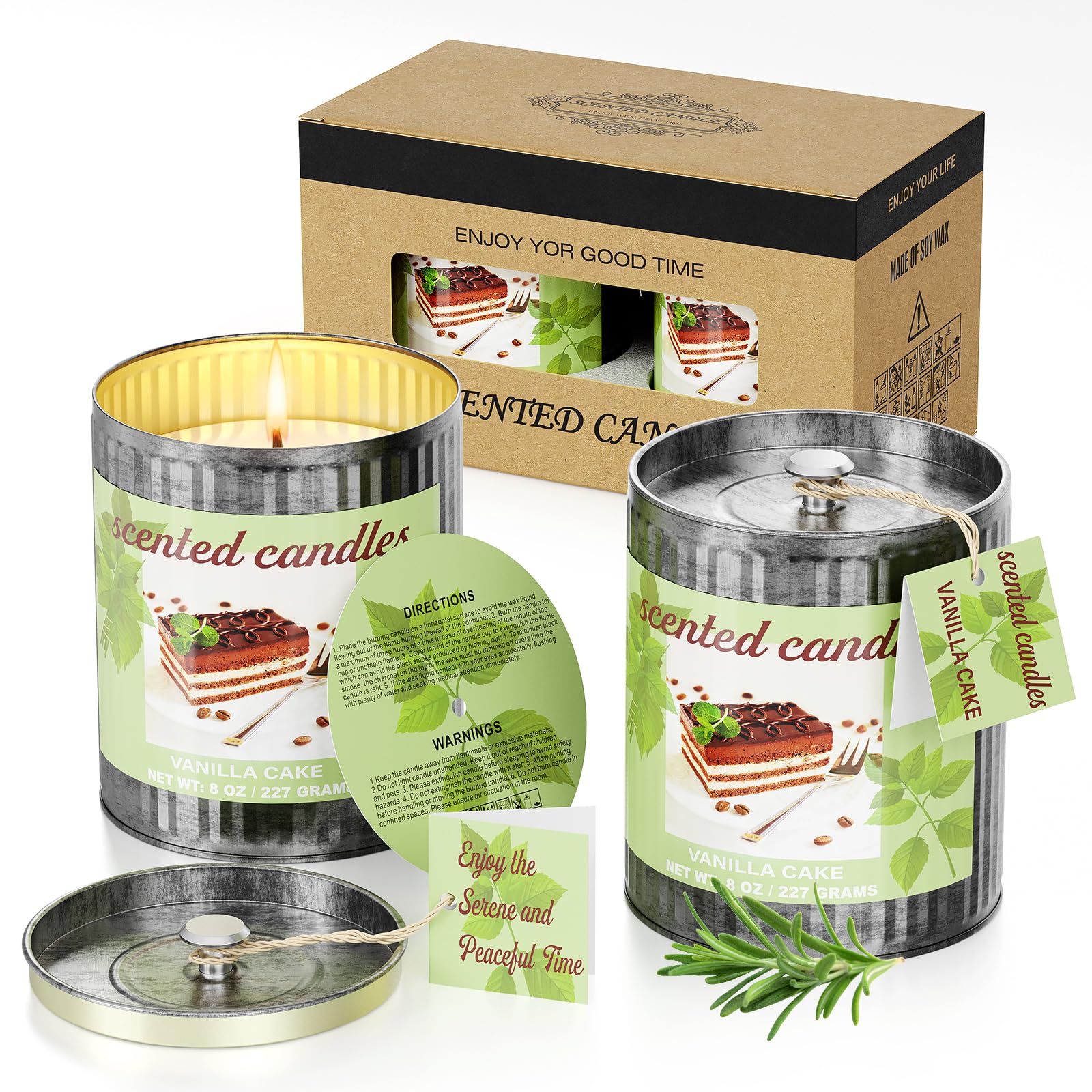 Two 8oz vanilla cake scented candles in a rustic metal gift tin.