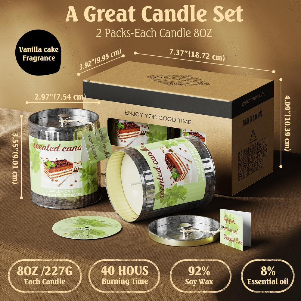Two-pack vanilla cake soy wax candles in a durable gift box.