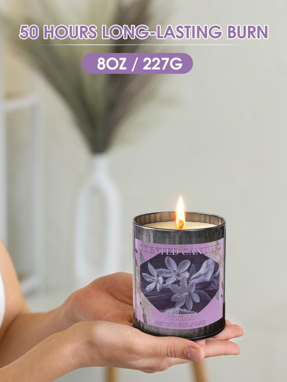 Vanilla candle 8oz tin with 50 hours burn time