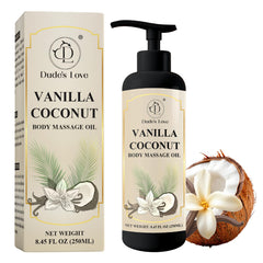 Front view of Vanilla Coconut Body Massage Oil bottle