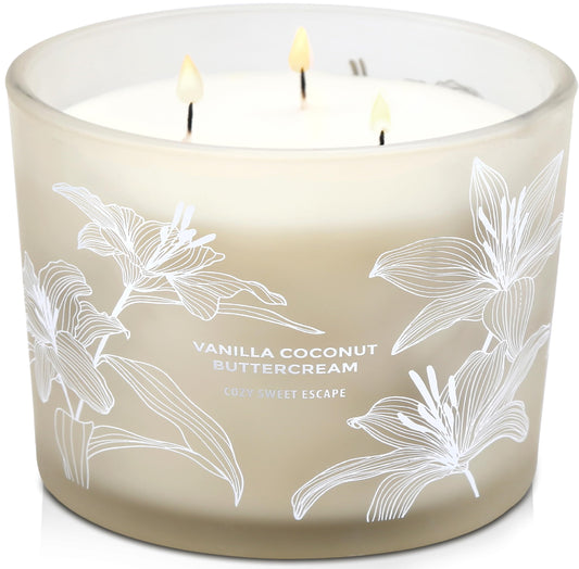 Close-up of Vanilla Coconut Buttercream 3-Wick Candle in a glass jar