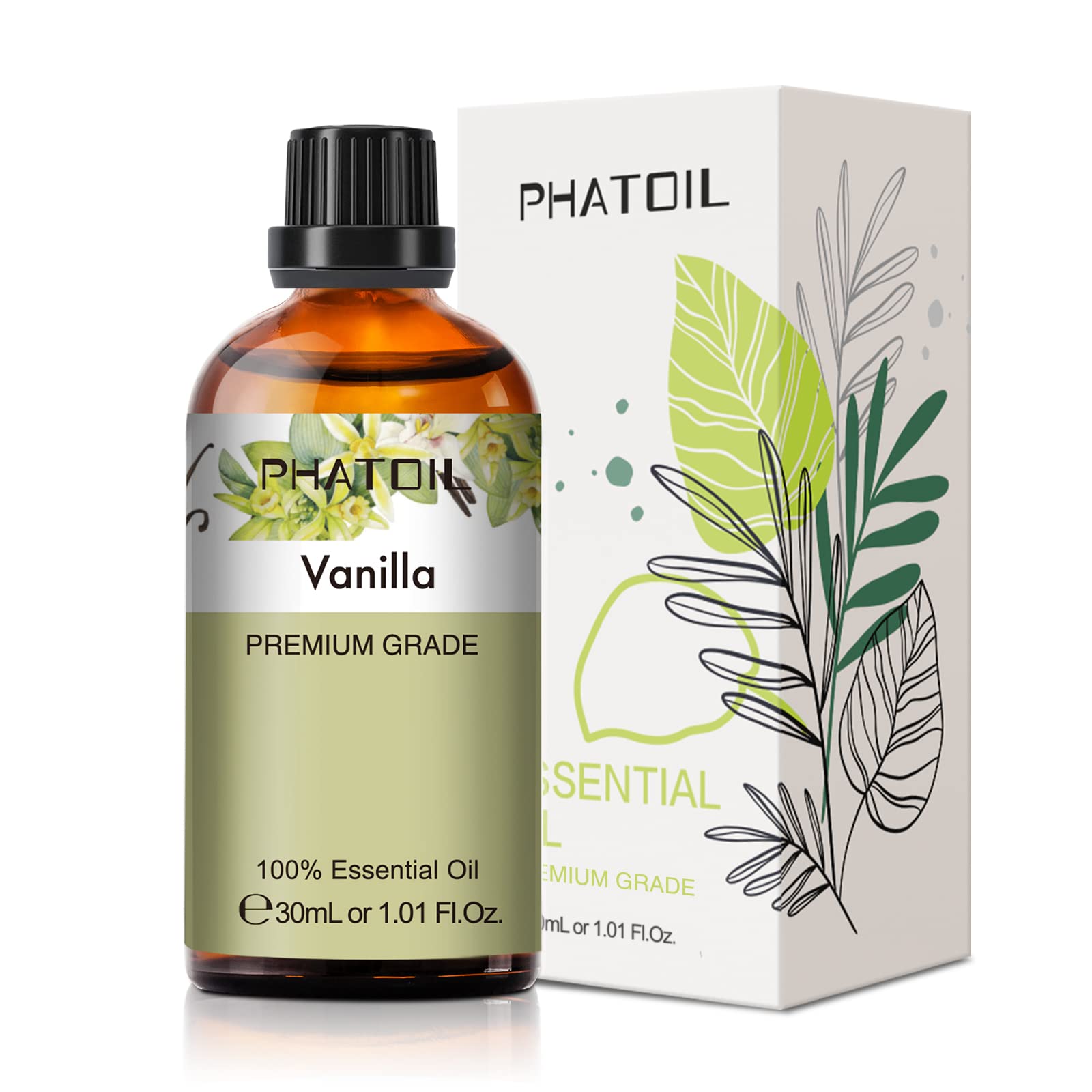 30ml amber glass bottle of vanilla essential oil with built-in dropper