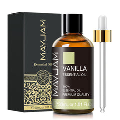 Close-up of MAYJAM Vanilla Essential Oil bottle in amber glass