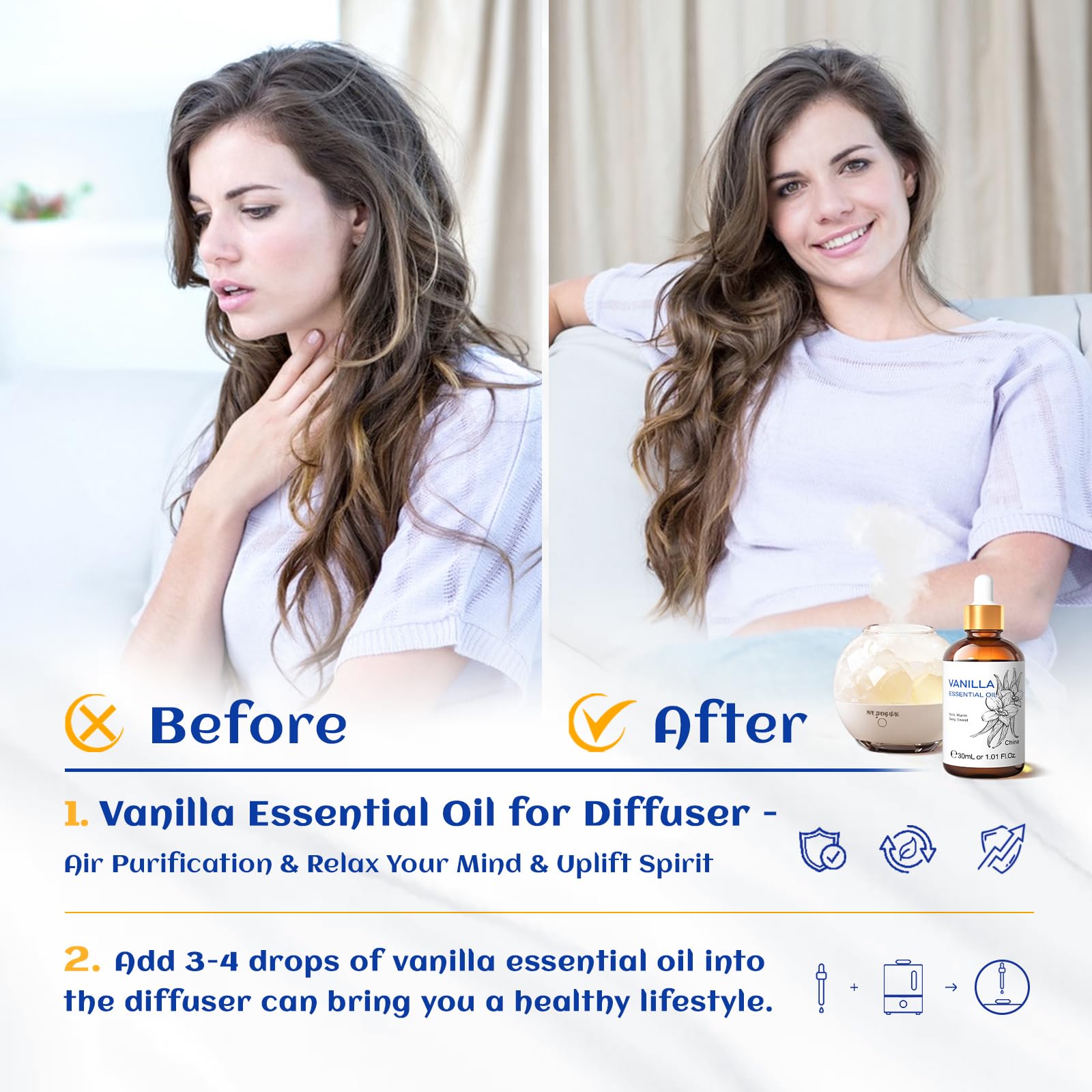 Vanilla essential oil diffusing aroma in diffuser