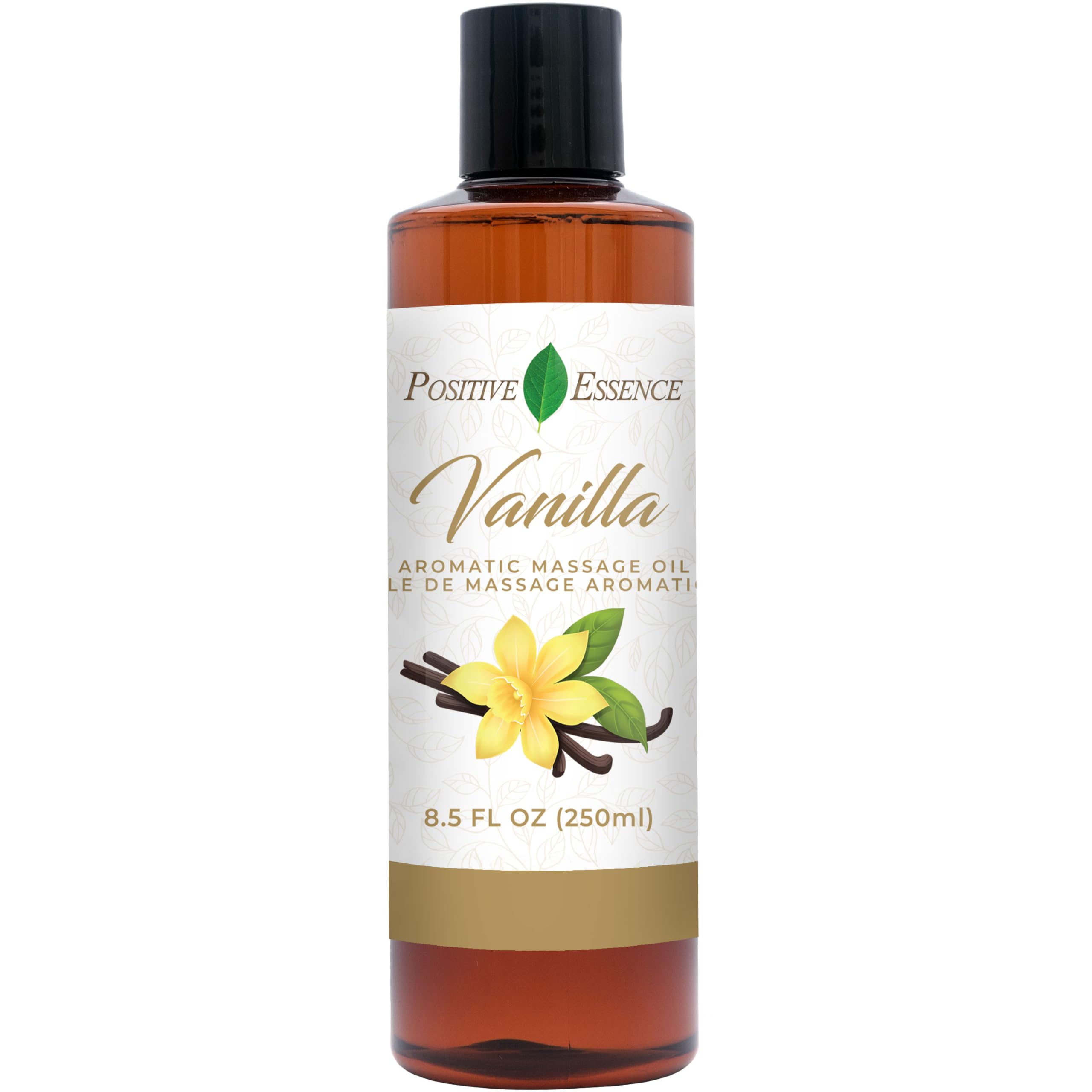 Bottle of vanilla massage oil on a white background
