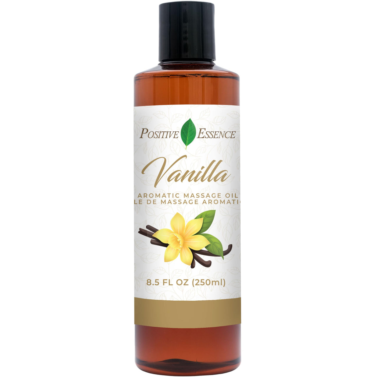 Bottle of vanilla massage oil on a white background
