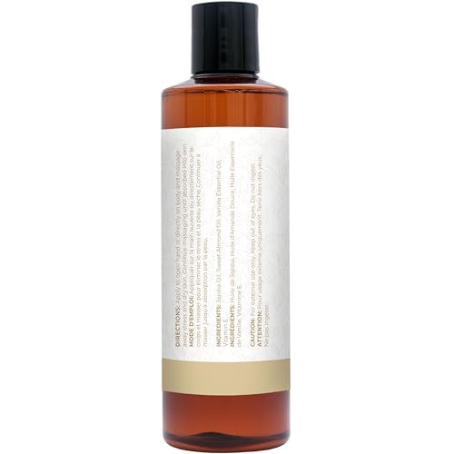 Close-up of vanilla essential oil bottle with jojoba and sweet almond oils