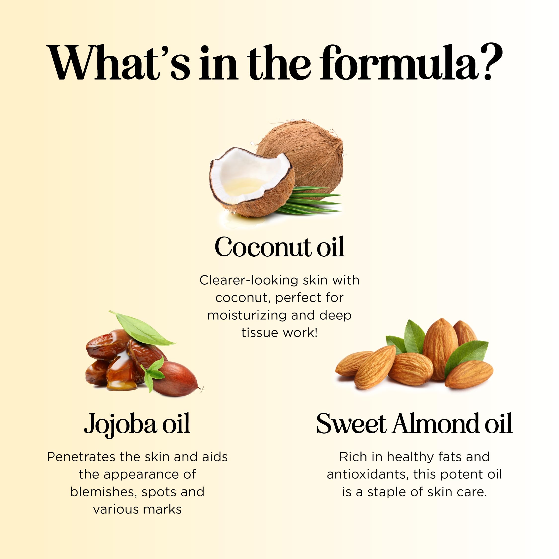 Natural oil blend bottles showing coconut, almond, and jojoba