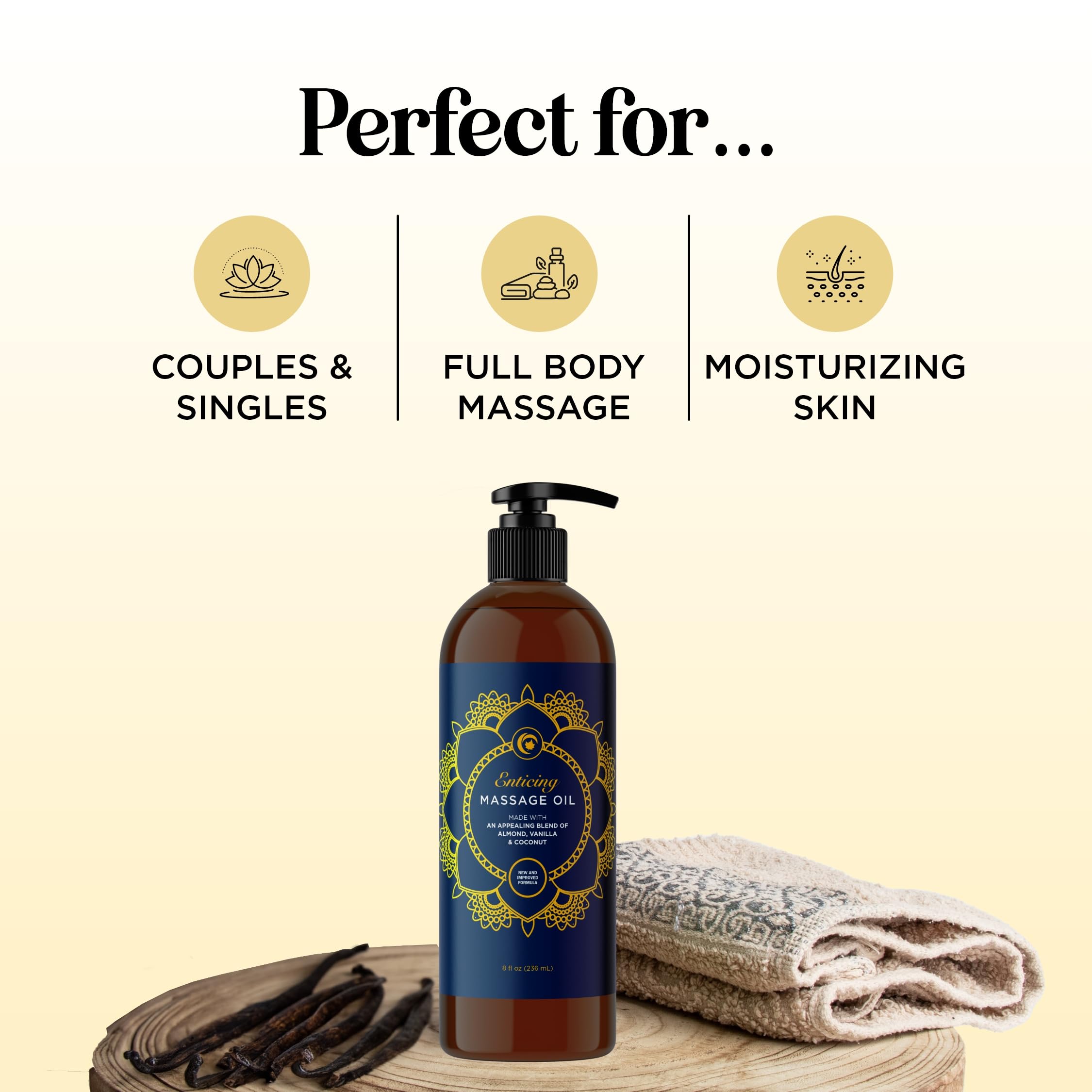 At-home spa setup with vanilla massage oil and candles