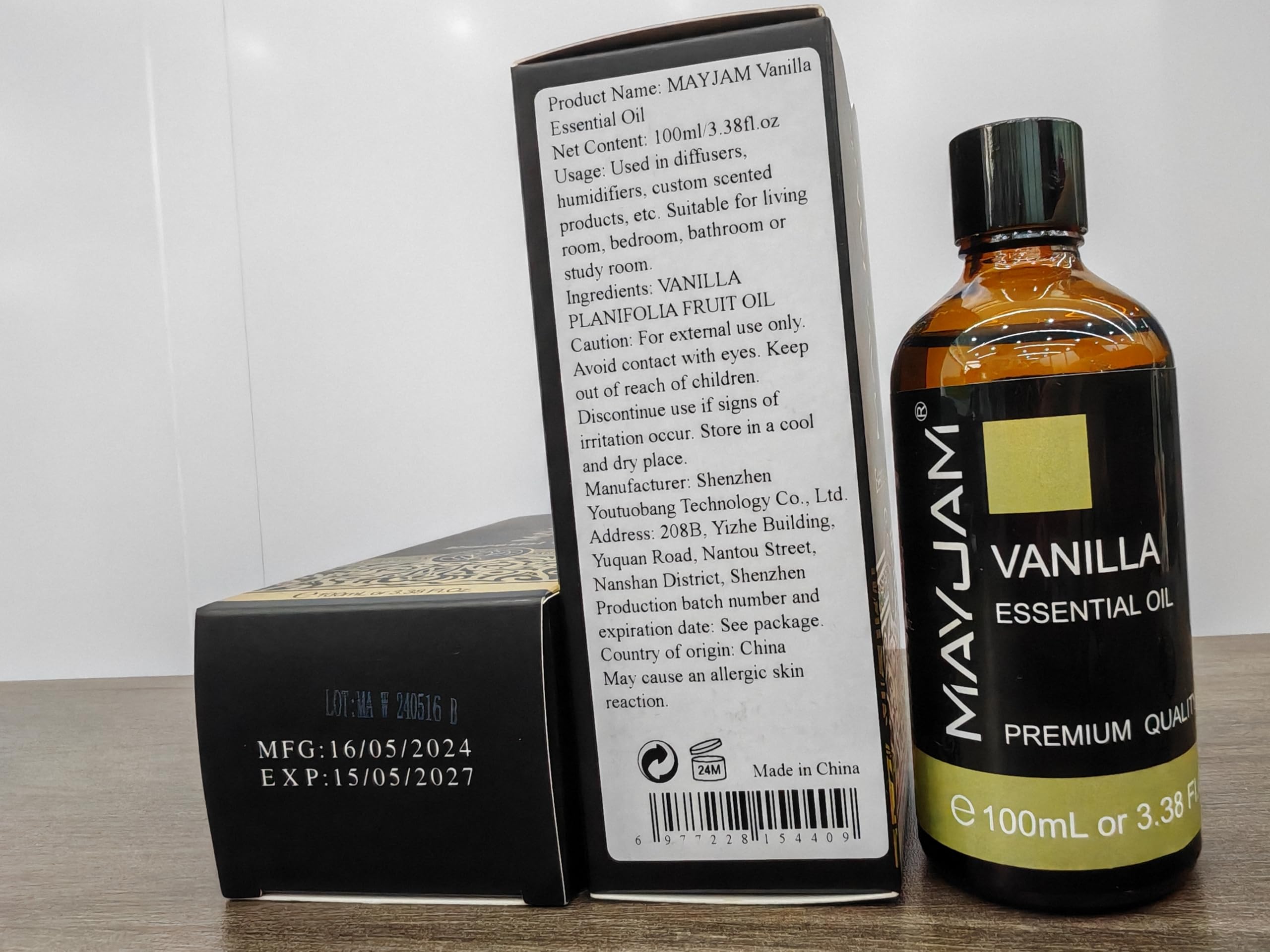 Close-up of MAYJAM vanilla essential oil label