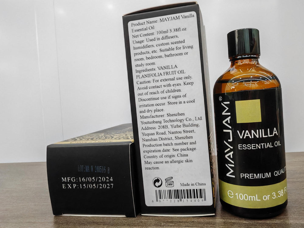 Close-up of MAYJAM vanilla essential oil label
