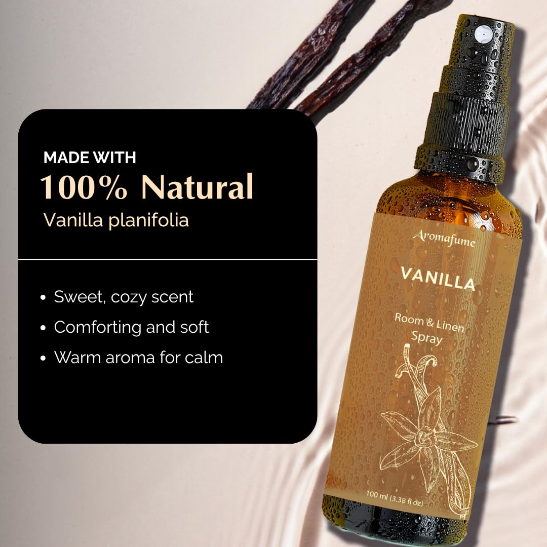 Vanilla Room Spray 100ml bottle on white linen
