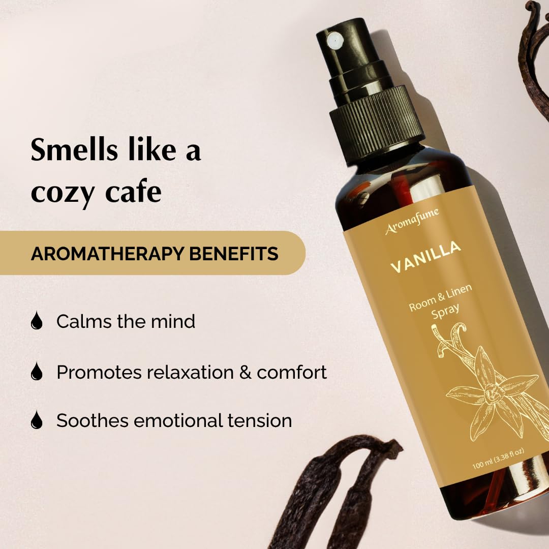 Product shot of Vanilla Room Spray on a bed