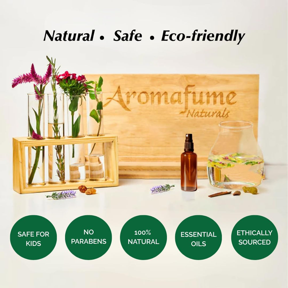 Vanilla bean and essential oil visuals beside the bottle