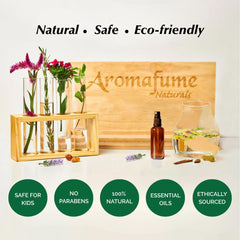 Vanilla bean and essential oil visuals beside the bottle